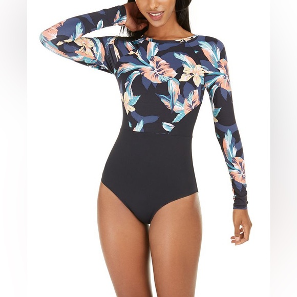 Roxy Juniors Printed Long-Sleeve One-Piece Swimsuit Size M EUC - Picture 1 of 6